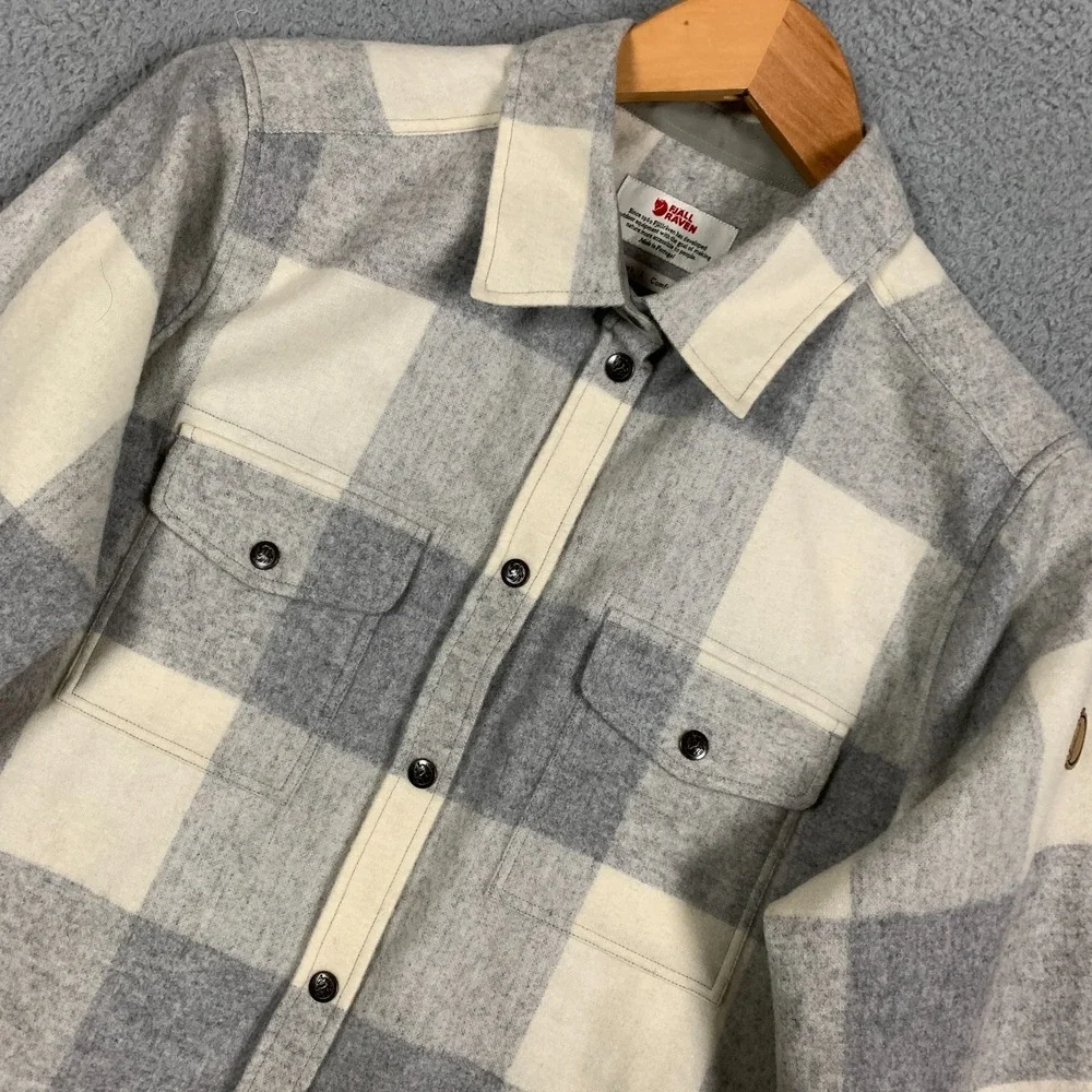 Fjallraven Canada Shirt Womens Large Fog/Chalk White Check Flannel Wool Trekking